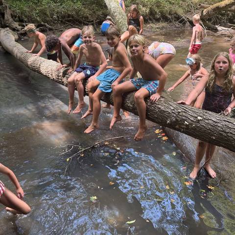 Campers sitting on a log over the creek