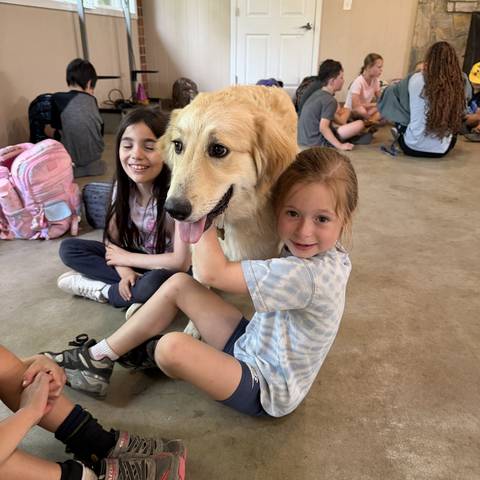 Campers petting a golden retriever